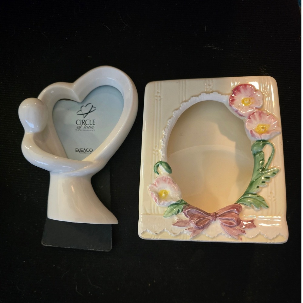 Vintage Enesco Circle of Love Heart Frame and Floral Ceramic Frame Bundle Japan